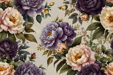  wallpaper design featuring floral patterns in various shades of purple orchids, with swirling vines and leaves, set against a soft gradient background.