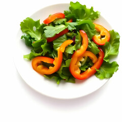 Delicious leafy vegetable salad on a white plate with slices of bell peppers on top isolated on the white background