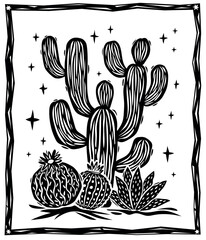 Poster with a landscape of cactus and desert plants. Hand-drawn balanced composition in the style of woodcut or linocut. Vector illustration.eps
