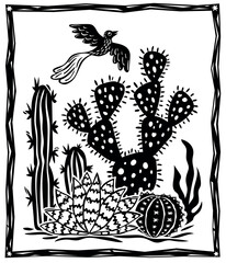 Set of cactus and succulents with a bird flying in the background. Arid landscape. Black and white hand drawn drawing, Isolated vector illustration..eps