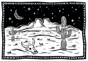 Typical desert landscape of America. Cactus, succulents, mountains, rocks, moon and stars. Vector illustration in woodcut or linocut style..eps - obrazy, fototapety, plakaty