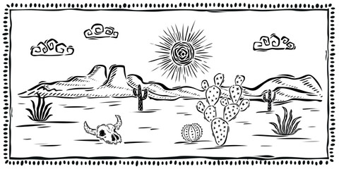 Desert landscape with cacti and cow skull. Arizona or Texas desert cacti, black silhouette and cow skull isolated on white.