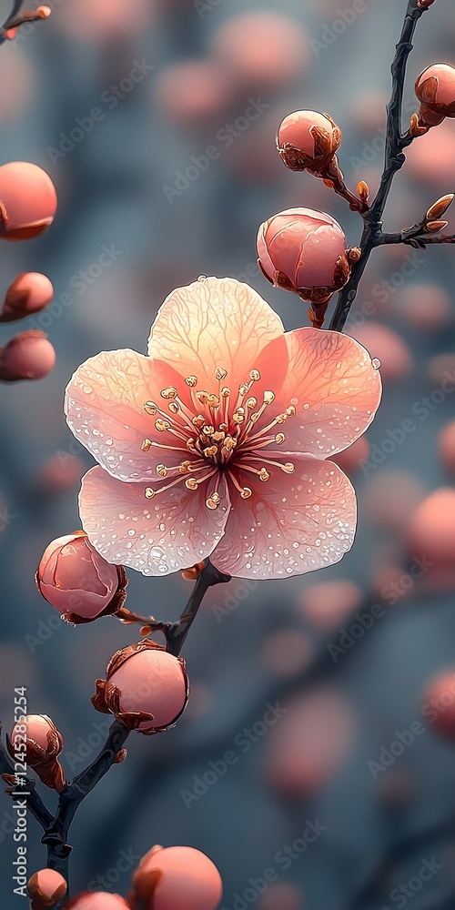Poster a delicate pink blossom adorned with dew drops emerges from a branch, surrounded by soft buds, creat