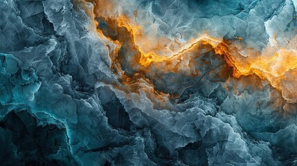 An abstract representation with swirling blue and orange hues resembling turbulent clouds in a dramatic landscape.
