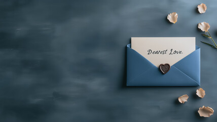 Blue envelope with a love letter on a dark blue background 