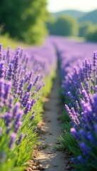 Obraz premium Pastel lavender field with a few wildflowers and a stone path, , peaceful