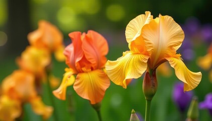 Fototapeta premium Pastel orange yellow and red iris flowers bloom in a garden bed, yellow, purple