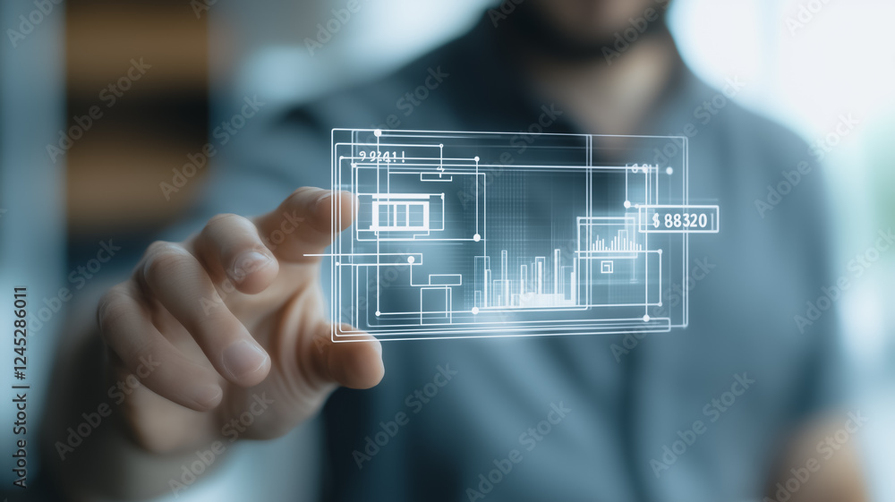 Poster man interacting with a futuristic transparent interface displaying data charts and graphs