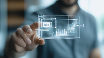 man interacting with a futuristic transparent interface displaying data charts and graphs