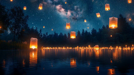 Glowing sky lanterns floating over calm lake at night.