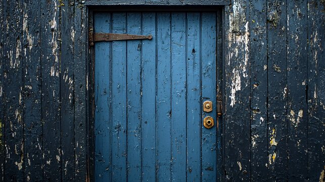 Weathered blue door, old wood building, coastal setting