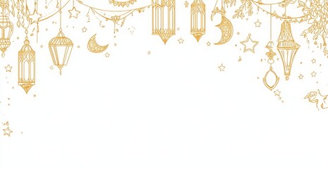 Golden lanterns, stars, moon border, white background, festive design