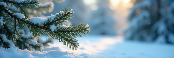 Obraz premium Pine branches bent under weight of frost and snow, winter, frost