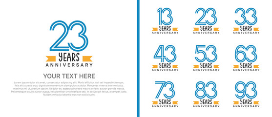 logo anniversary set. blue color with orange ribbon on white background for special event