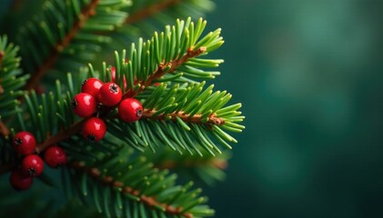 Pine needles and red berries intertwined on a branch, ornament, decoration, spruce