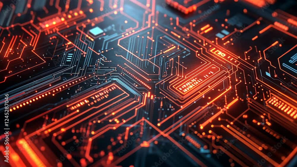 Poster futuristic circuit board with glowing connections and dynamic movement