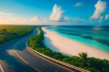 Fototapeta premium Beautiful landscape view of Highway road beside the coral beach with sunflowers under the blue sky with good weather