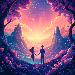 Fototapeta premium A couple standing together under a vibrant sky filled with stars and hearts, symbolizing love.