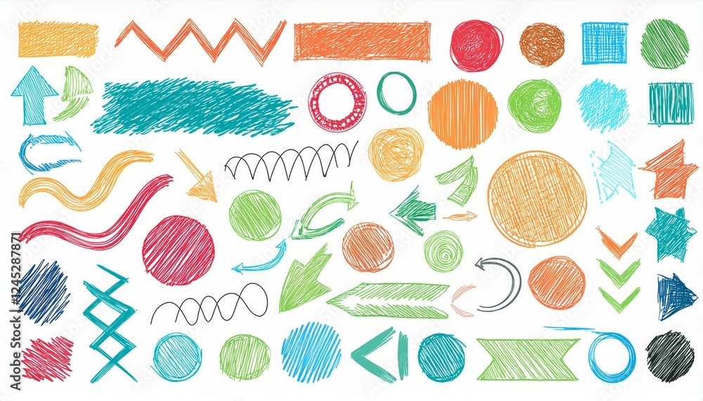Poster brush line shape background abstract texture doodle set. hand drawn sketch crayon scribble brush geo