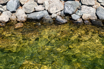 lake tide with rocks shore beach nature slow waves outdoor natural rocks