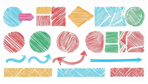 Brush line shape background abstract texture doodle set. Hand drawn sketch crayon scribble brush geometric shape color chalk effect background. Abstract arrow, circle, zigzag vector illustration