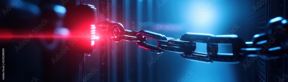 Poster a close-up of a chain lock illuminated by red and blue lights, symbolizing security and protection i