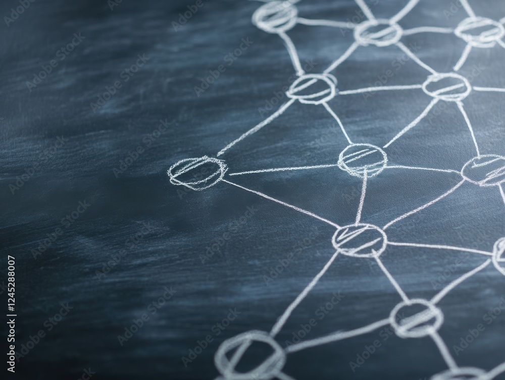 Poster a close-up of a conceptual network diagram drawn on a chalkboard, representing connectivity and data