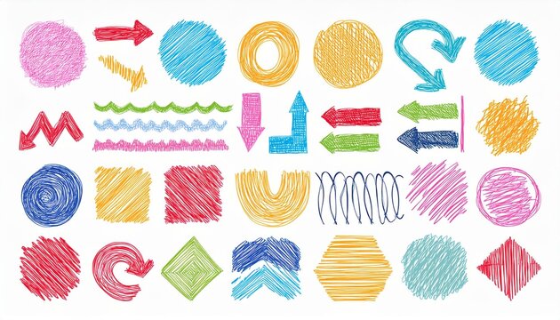 Brush line shape background abstract texture doodle set. Hand drawn sketch crayon scribble brush geometric shape color chalk effect background. Abstract arrow, circle, zigzag vector illustration