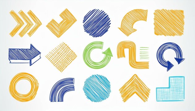 Brush line shape background abstract texture doodle set. Hand drawn sketch crayon scribble brush geometric shape color chalk effect background. Abstract arrow, circle, zigzag vector illustration