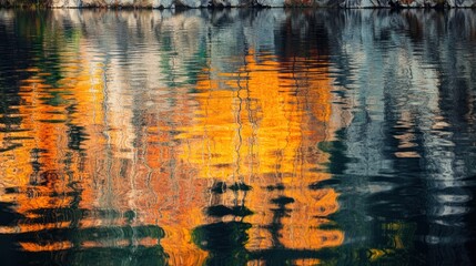 Autumn trees reflected in calm lake water