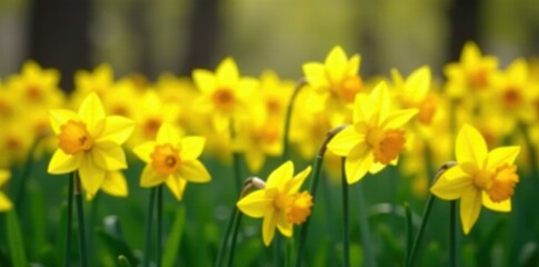 Obraz premium Vast yellow daffodils sway gently in the spring breeze, spring, blooming, garden