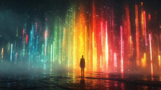Person Standing Under Colorful Lights. Generative AI