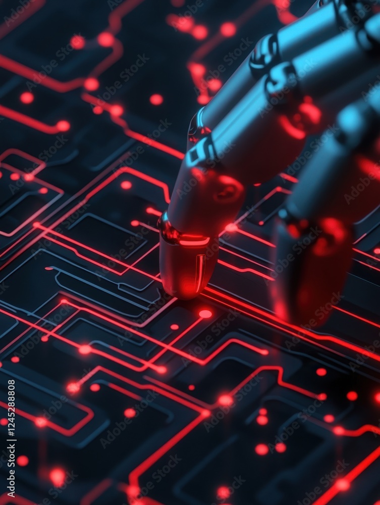 Poster a close-up of a robotic hand interacting with a circuit board, showcasing advanced technology and ar