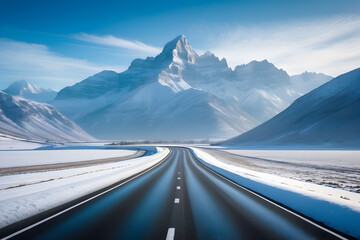 Beautiful landscape of High way road beside the snow covered fields and snow caped mountain during winter