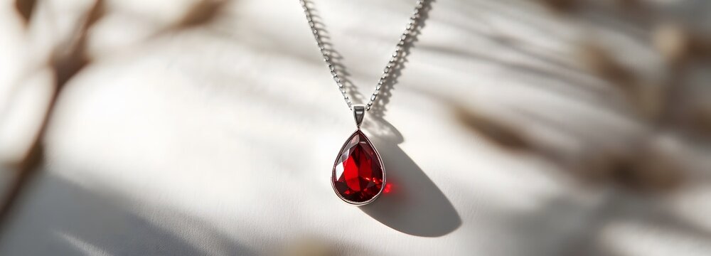A delicate silver necklace with a teardrop-shaped red gem hanging from it, captured in a minimalist style with soft natural light highlighting the gem is beauty
