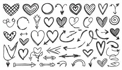 Obraz premium Line arrow hand drawn shape brush underline stroke element vector set. Hand drawn doodle sketch arrow, circle, star brush stroke scribble underline icon. Marker doodle heart vector illustration.