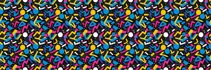 Obraz premium Seamless pattern with geometric shapes in the style. Multicolored vintage background with triangles, circles and squares for textile, fabric and Sudanese fabric art.