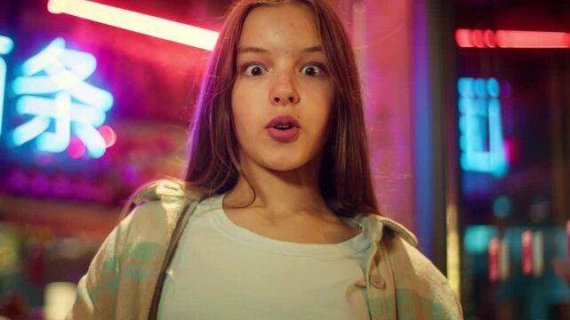 Surprised Asian Caucasian teen junior shocked child teenager girl daughter kid showing mind blow gesture with hands head explosion astonishment wow schoolgirl hearing shocking news in city neon night