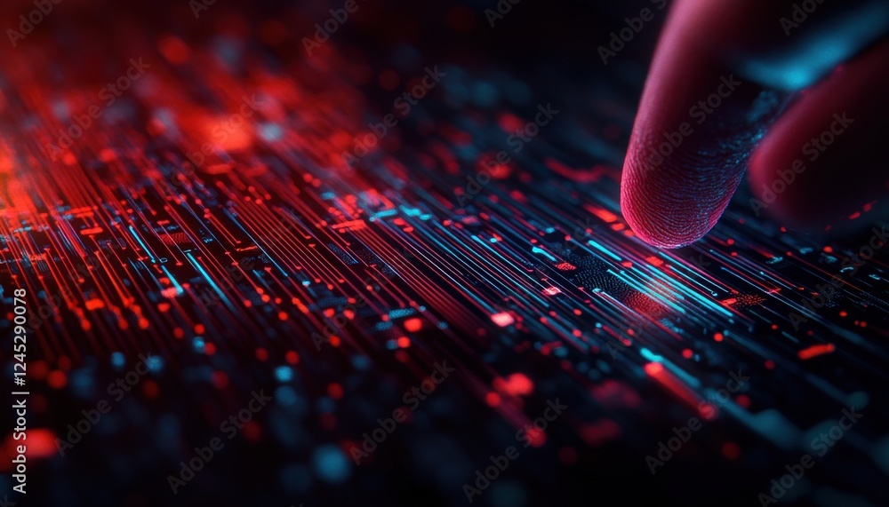 Poster a close-up view of a finger touching a digital interface with glowing particles, representing techno