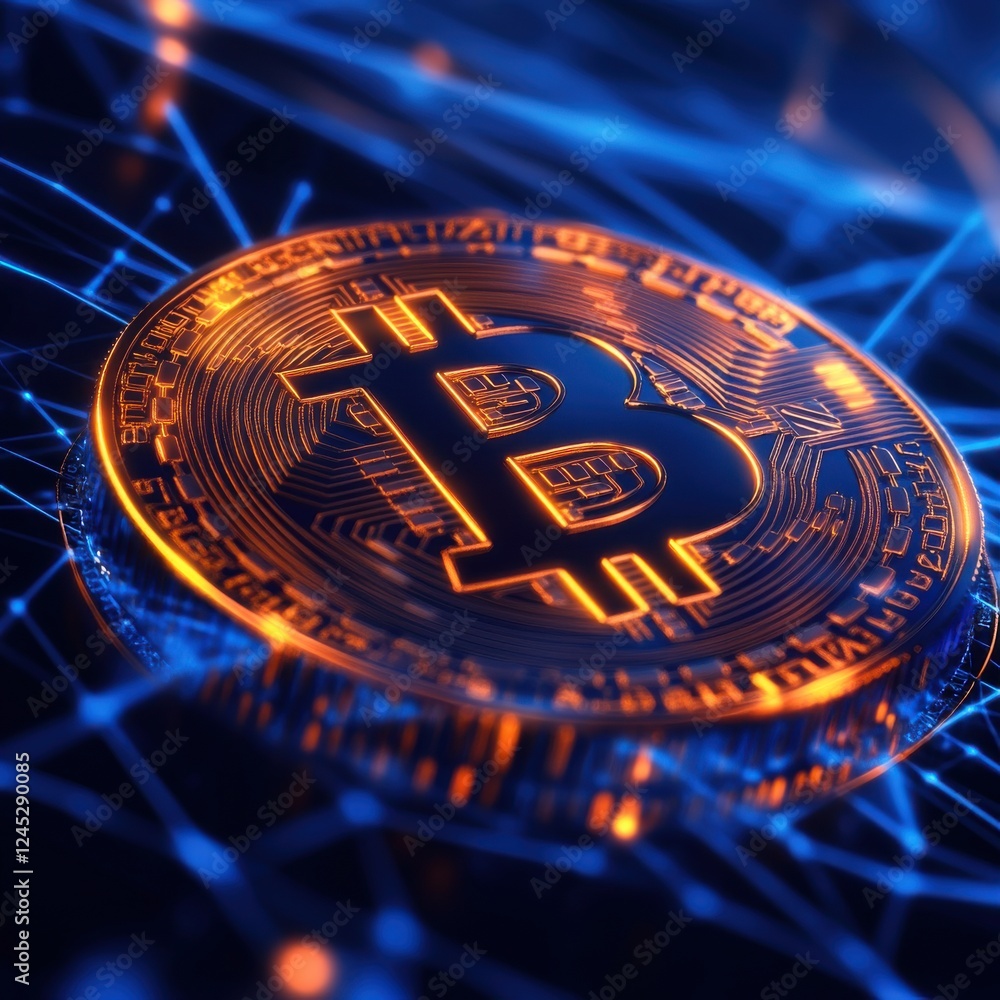 Poster a close-up view of a glowing bitcoin symbol against a digital network background, representing crypt