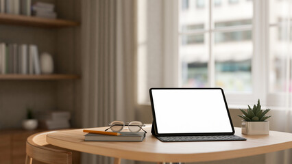 A digital tablet placed on a wooden table in a contemporary, minimalist room.