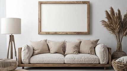 Fototapeta premium Cozy Bohemian Living Room Interior Design with Wooden Sofa and Pampas Grass