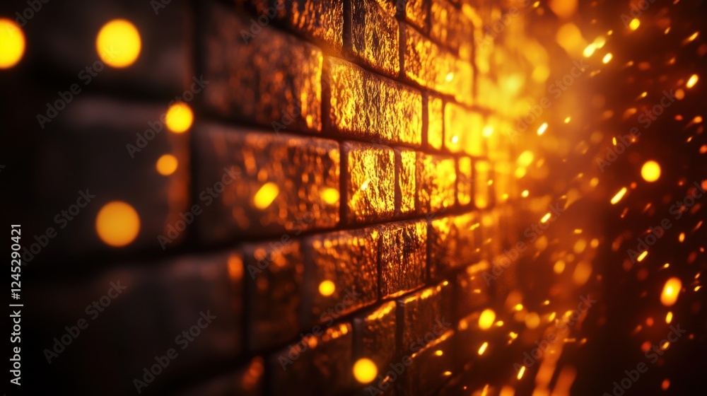 Poster a close-up view of a textured brick wall illuminated by warm glowing lights, creating a captivating 