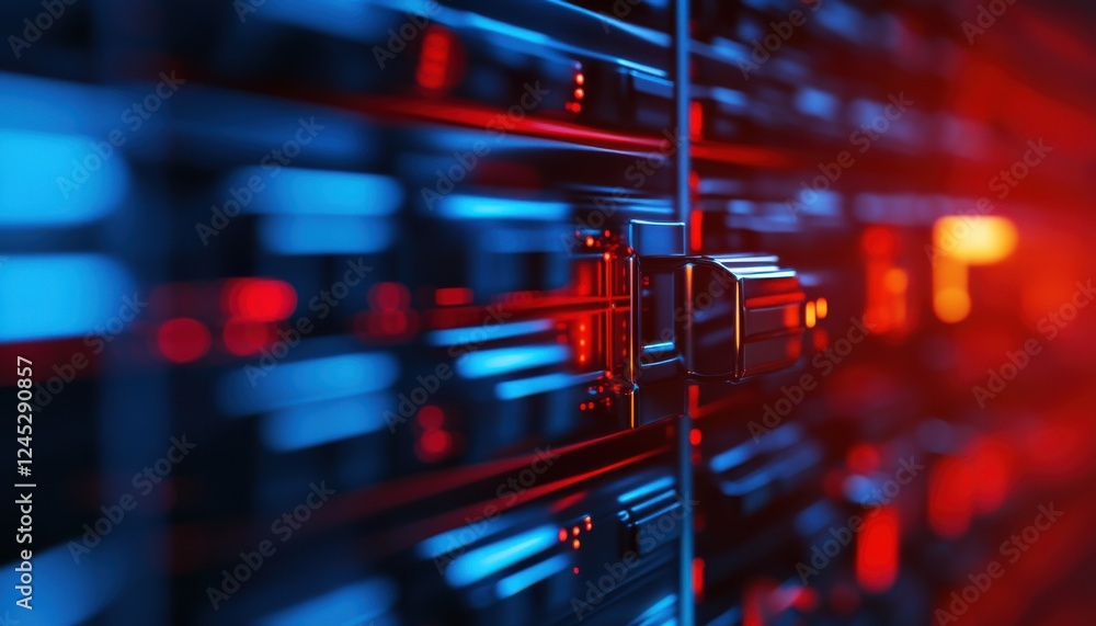 Aufkleber a close-up view of server hardware illuminated in neon blue and red lights, showcasing modern techno
