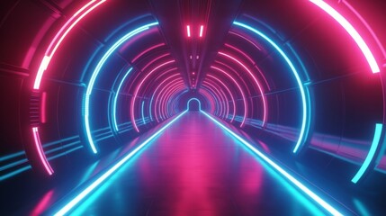 Fototapeta premium Neon Glowing Futuristic Tunnel - Vibrant Colors in Dark Architecture