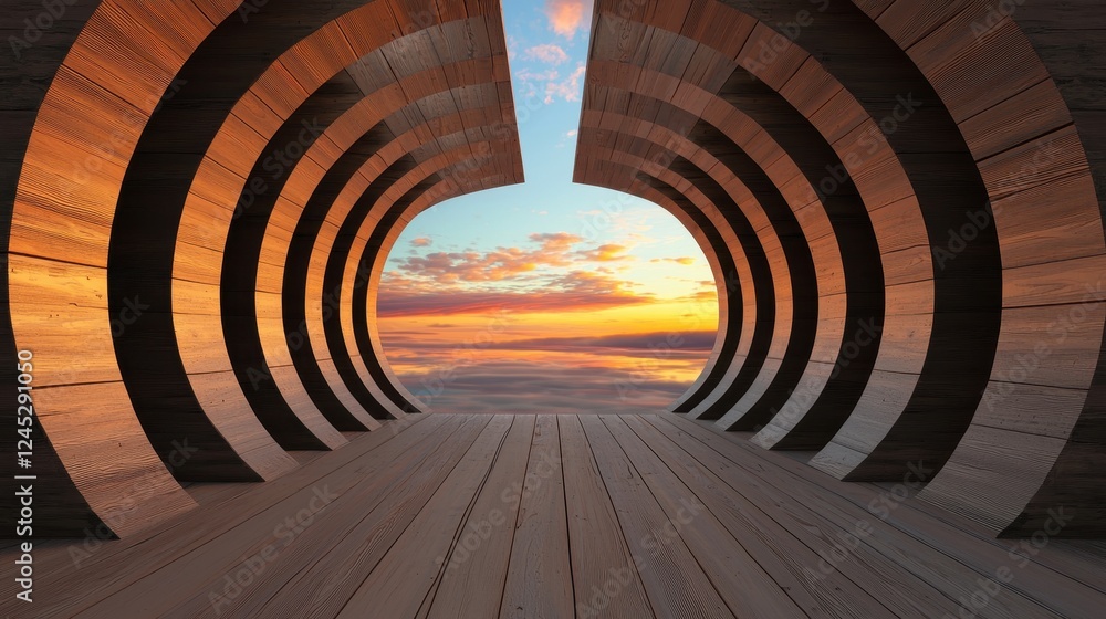 Aufkleber a stunning architectural structure frames a vibrant sunset over the ocean, creating a visually capti