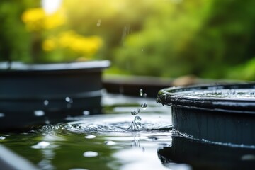 Fototapeta premium A close-up view of water droplets splashing in tranquil garden pots, surrounded by lush greenery. A serene moment in nature.