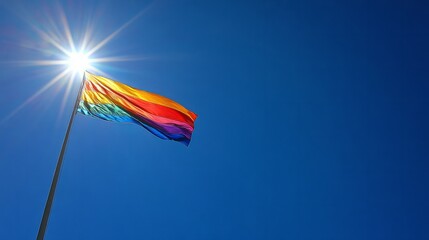 Obraz premium A majestic LGBT pride flag fluttering against a clear, deep blue sky, symbolizing pride and resilience.