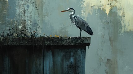 A heron stands on the edge of a weathered structure, highlighting nature's resilience in urban decay.