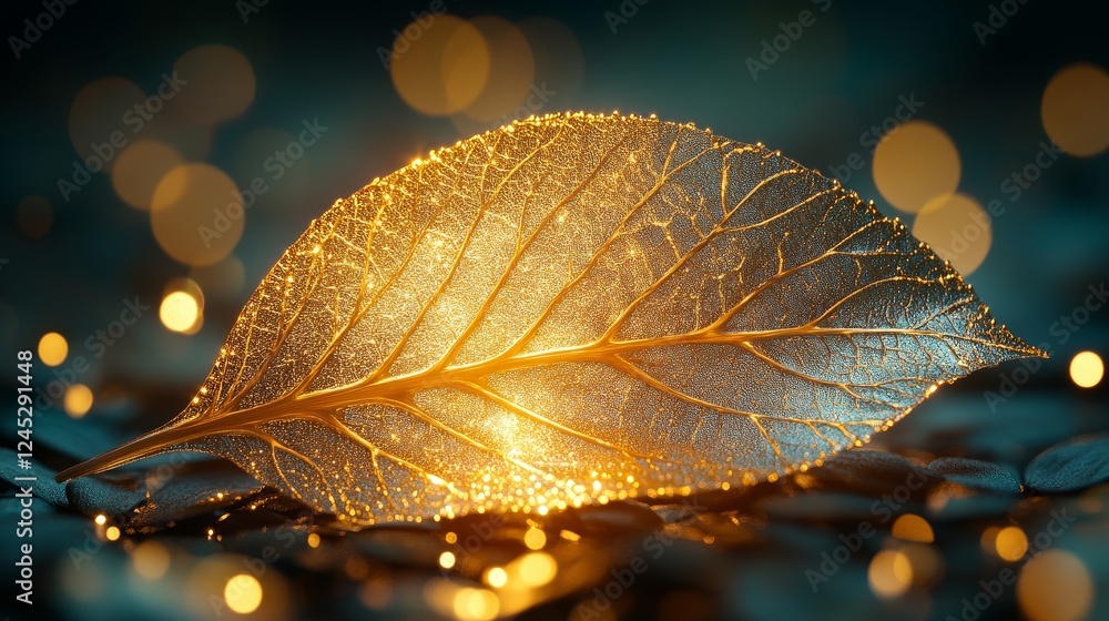 Poster golden leaf on pebbles with soft bokeh and warm glow